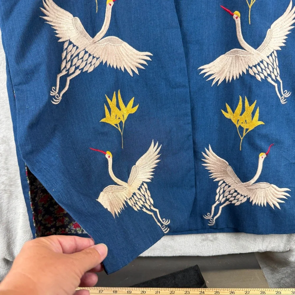 Vintage Blue Embroidered Crane Longline Vest Floral Lined Boho Asian Art